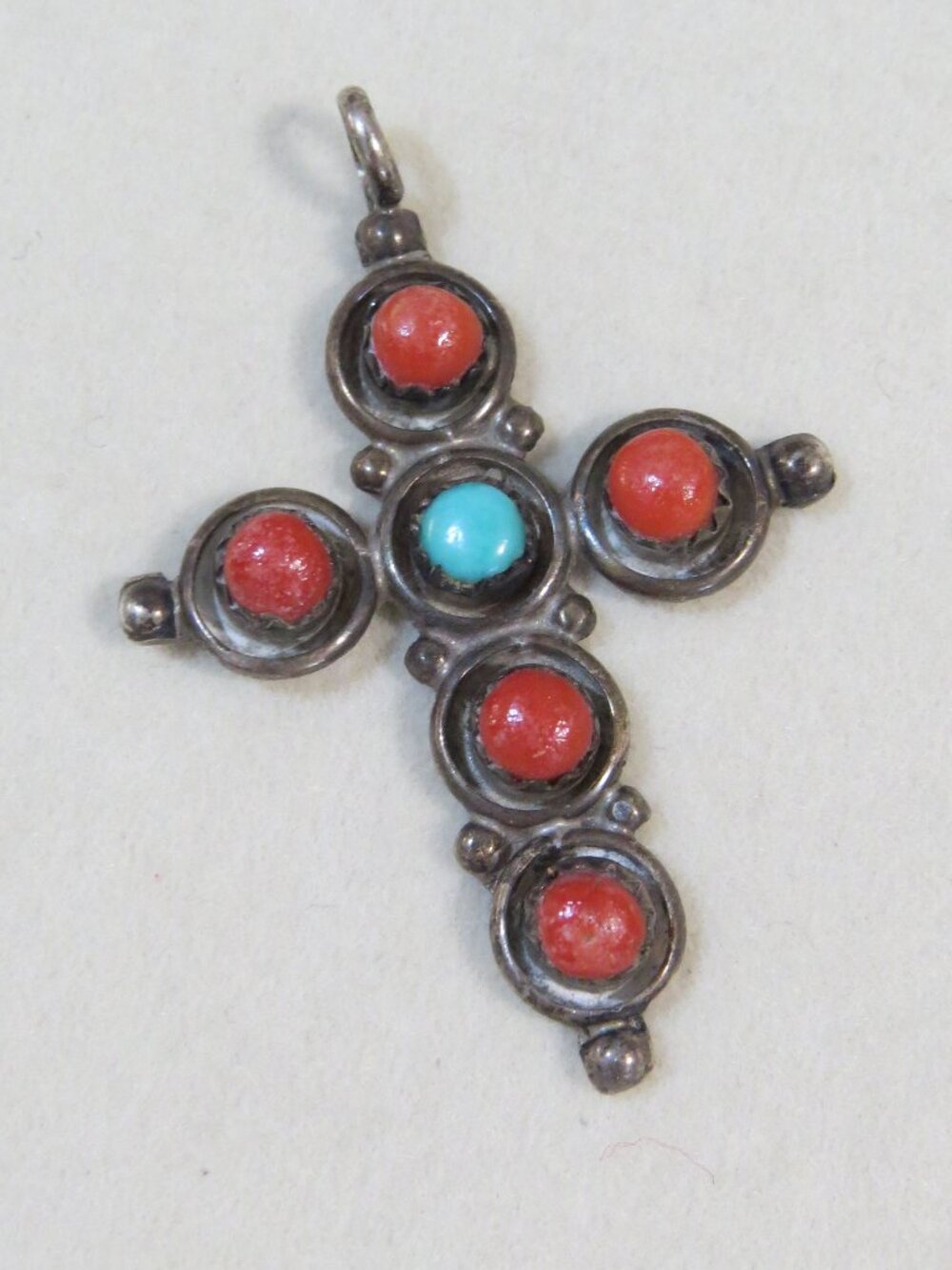 Vintage Sterling Silver Cross Pendant with Red Coral and Turquoise